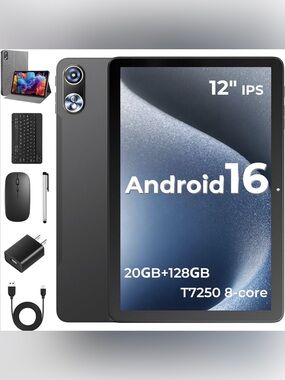 Android 16 Tablet- 128GB, 12” 2K Display, 20GB RAM (Expandable) WiFi & Bluetooth